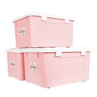爱之佳 翻盖收纳箱儿童玩具整理箱大号底部带轮储物箱65L粉色3个装