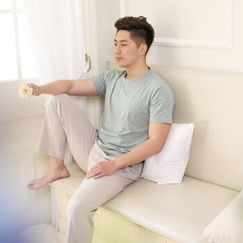 海之宁 18032 睡衣男士夏季薄款纯色基础短袖长裤家居服套装 粉绿+米色 170(L)