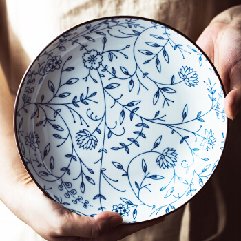 传旗 日式陶瓷盘套装（8英寸）陶瓷餐具饭盘菜盘深汤盘（4只装）钩藤花
