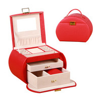 雅皮仕 皮革椭圆首饰盒礼品盒装带化妆镜子 欧式公主珠宝饰品收纳盒桌面整理盒 红色