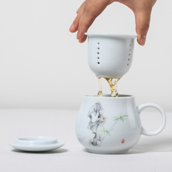 丹雅 景德镇陶瓷茶杯 带盖过滤办公室茶具瓷杯水杯子 竹子  商务礼品 长辈生日礼物