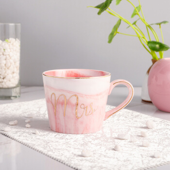 洁雅杰陶瓷水杯办公咖啡杯茶杯牛奶杯创意大理石纹马克杯 粉