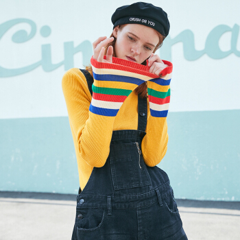 PASS2019春装拼色高领毛衣女修身学生白色打底针织衫潮 姜黄色 M