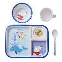希尔（SHALL）儿童餐盘 密胺儿童碗牛奶杯套装可爱便携组合辅食餐具 鲸鱼四件套6609