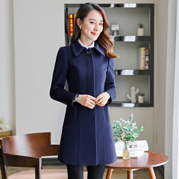 初申2018新职业毛呢大衣男女同款秋冬加厚毛呢中长款商务休闲风衣正装工作服外套SWDY189102蓝色女L