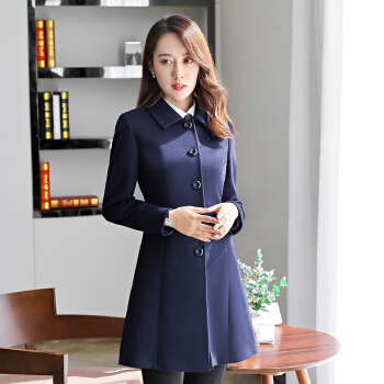 初申2019秋冬职业毛呢外套中长款呢子大衣男女同款销售4s店毛呢大衣女工装工作服SWDY189104蓝色女L