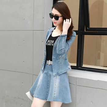 JIANZHI 简芷 春季新款翻领长袖牛仔短外套显瘦半身裙套装女 BDCK18Q1818 浅蓝色 XL