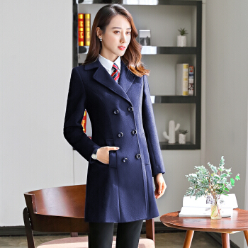 初申2019新男女同款毛呢大衣秋冬新款加棉加厚中长款时尚修身银行制服外套SWDY189101蓝色女M