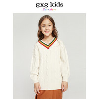 gxg kids童装2018冬装新款长款V领白色甜美女童毛衣裙B17419442 白色 110