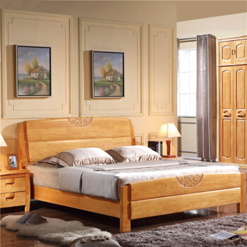 欧宝美实木床新中式卧室床婚床单人床双人床橡木床1.8米榉木色