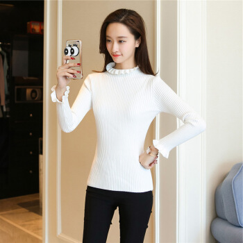 JOY OF JOY 2018冬季新款木耳边弹力修身针织衫女半高领长袖套头毛衣女打底衫 JWYC18J245 白色 均码