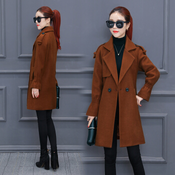 BANDALY 2018秋冬季新款女装新品毛呢大衣女时尚气质韩版中长款呢子外套潮 HZ2010-1005 焦糖色 XL