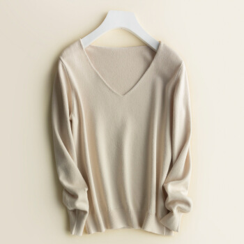 莉夏乐 2018秋冬季新品女装针织衫女宽松大V领毛衣韩版套头学生短款大码针织打底衫 GZQ88867 米色 S