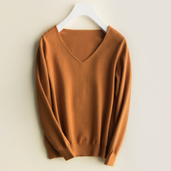 莉夏乐 2018秋冬季新品女装针织衫女宽松大V领毛衣韩版套头学生短款大码针织打底衫 GZQ88867 姜黄 XL