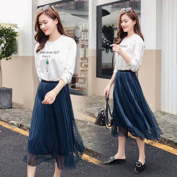 莉夏乐 秋装新品半身裙女女装丝绒百褶裙蕾丝女半身裙A字裙 zx1651-1703 灰蓝色 M