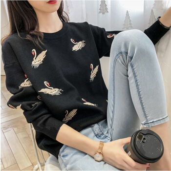 莉夏乐 针织衫女韩版小清新毛衣长袖百搭刺绣打底上衣2018秋冬季新品女装 GZJHDK61 黑色 均码