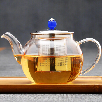 倍炫 玻璃茶壶 耐热玻璃加厚泡茶壶滤网过滤带把水壶304不锈钢内胆壶   碧水蓝天壶