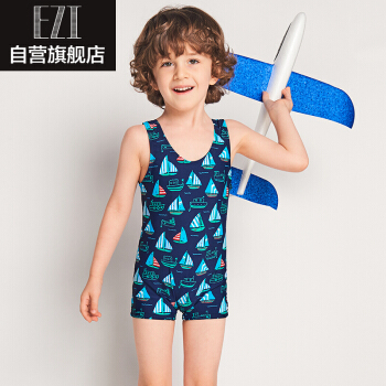 弈姿儿童泳衣 男童宝宝连体温泉游泳衣 小中童男童小背心泳装 EZI18B025 藏青底帆船印花 110cm