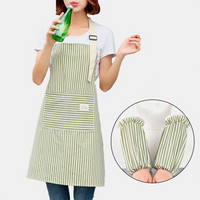 FOOJO围裙套袖套装 厨房男女围裙罩件 成人韩版时尚咖啡厅烘焙工作服 绿色条纹