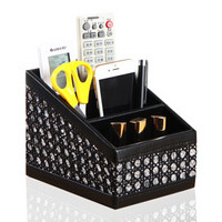 雅皮仕 皮革桌面遥控器收纳盒 创意三格收纳座 家用客厅手机笔筒收纳盒杂物化妆品整理盒 钻石纹 黑色