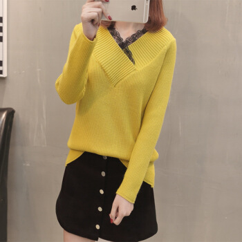 BANDALY 2019春季新款女装新品针织衫女韩版蕾丝V领毛衣套头长袖宽松百搭 HCLM-17 黄色 均码
