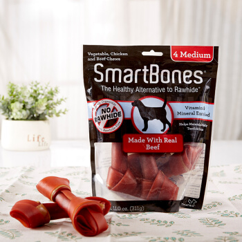 SmartBones 狗狗磨牙棒狗狗零食成犬幼犬洁齿骨洁齿棒 牛肉味 中号-4支装