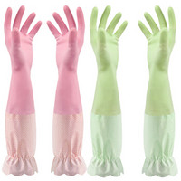 乐宜美家务清洁手套中号 加长型洗碗洗衣手套光里 加厚橡胶手套2双装(粉色+绿色)