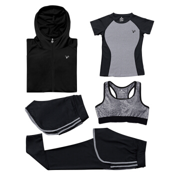 普为特POVIT 瑜伽服套装女运动跑步健身服速干衣修身显瘦运动装五件套 亚麻灰 M码