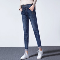一塘晨2019春装新款女韩版时尚修身显瘦口袋设计做旧九分牛仔裤  S91E0001KA2XL   深蓝色 XL