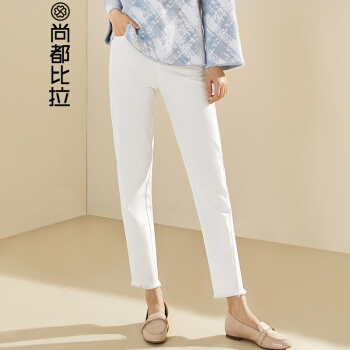尚都比拉（Sentubila）高腰纯色直筒长裤2019春季新品修身简约191K0923309 米白色 XL