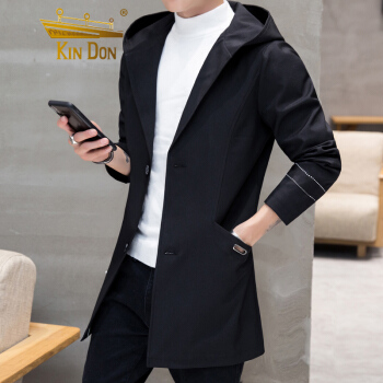 金盾（KIN DON）风衣 2019新款男士时尚中长款纯色连帽风衣401-F533黑色4XL