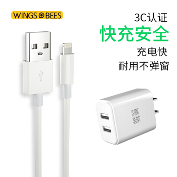 蜂翼 双口USB充电器头+苹果数据线iPhoneXS Max/XR/X/10/8Plus/7/6s/SE/5/iPad4充电线 1米 优雅白套装