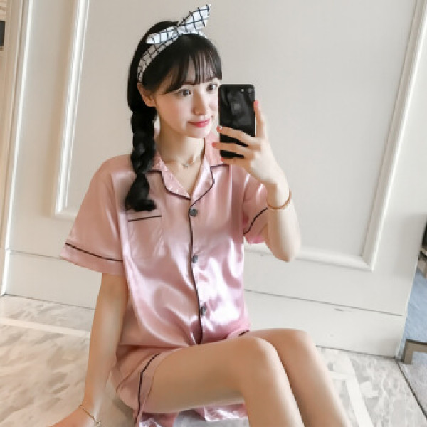 商品丽乔2019春夏新款短裤女开衫睡觉衣女短袖性感女薄款大码两件套