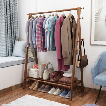 奈高NG北欧挂衣架落地卧室现代简约衣架家用衣服衣架子全实木简易衣帽架800宽胡桃色