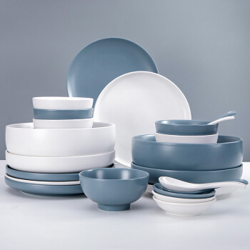 唐贝 碗碟套装 陶瓷碗盘碟餐具组合北欧碗具家用餐具礼盒 理念蓝16头