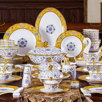 卢米 碗套装家用奢华珐琅彩陶瓷中式景德镇高档盘子碗碟餐具 80头万福金安