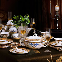 卢米 碗碟套装家用欧式景德镇陶瓷器高端中式宫廷碗筷 58头洛塞金殿花园