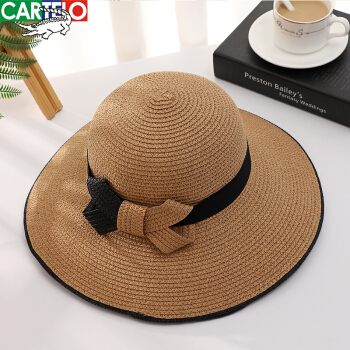卡帝乐鳄鱼草帽女春夏天沙滩帽手工编织英伦大檐帽防晒遮阳帽女士帽子C398C125302 驼色 可调节