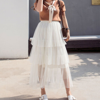 薇图（vitto）女装 2019春夏款新款百褶裙a字仙女网纱裙蛋糕裙半身裙高腰中长款 xbVT354 杏色 均码