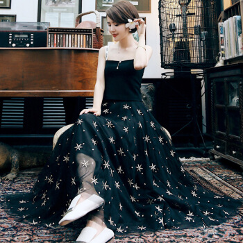 丝柏舍春季女新款时尚韩版时尚印花大摆网纱长款气质半身裙 S91R0238BA10M 黑色 M