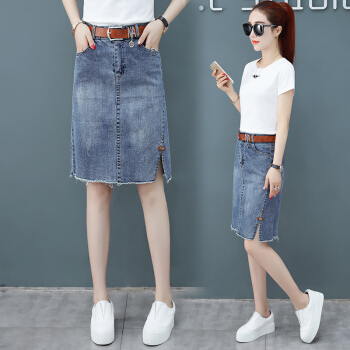 AUDDE 2019春夏季新款女装新品半身裙女韩版宽松高腰侧开叉a字牛仔半身裙中裙 HZ366-8861 浅蓝色单裙子 M