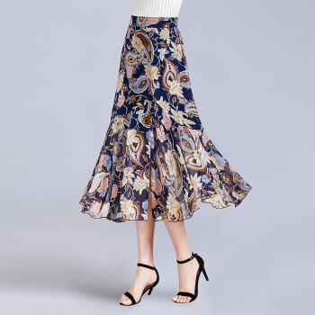 她池春装女2019新款中长款印花雪纺优雅包臀开叉下摆荷叶边半身裙 T91Z0288A28S  花色 S