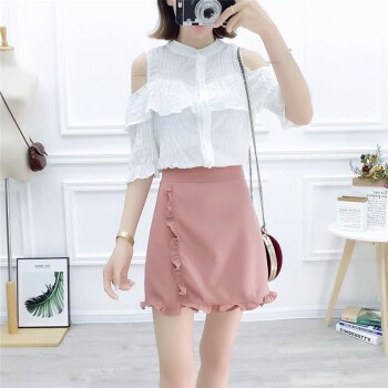 HMDIME 套装女夏装新品 露肩荷叶边T恤花边木耳边半身裙优雅休闲甜美 MSFS9576 白衣+粉裙 S