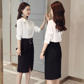 一塘晨春装女新款纯色领口系带简约上衣搭开叉修身半身裙气质韩版套装  S91R0200NA657M   上白下黑 M