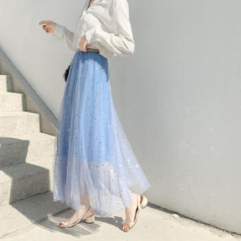 AUDDE 翱笛 春夏季新款女装新品半身裙女沙裙星星网纱裙温柔中长款仙女裙子 zx1202-1946 灰蓝 均码
