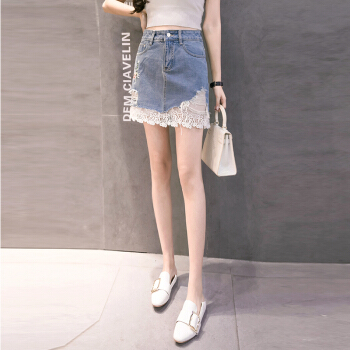 简芷 2019春夏蕾丝花边韩版百搭刺绣A字女短裙破洞牛仔半身裙子 DYFSCZG2UL761 蓝色 XL