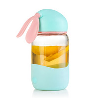 优淘客 玻璃杯萌兔水杯可爱兔耳朵随手杯子 粉绿色400ML