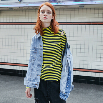 PASS潮牌2019春装高领露肩套头针织衫女修身条纹毛衣打底衫潮 黄蓝条 L