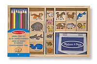 Melissa & Doug 木质印章套装：动物 - 16 印章，7 支彩色铅笔，印章本