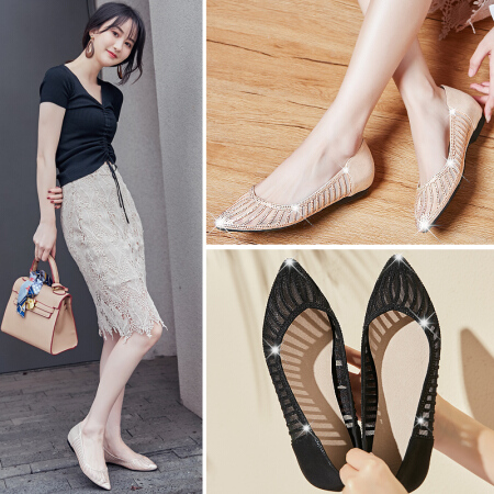 娜箐箐 naqingqing 网纱平底女鞋内增高镂空透气低帮水钻英伦单鞋女 8227-7黑色 37